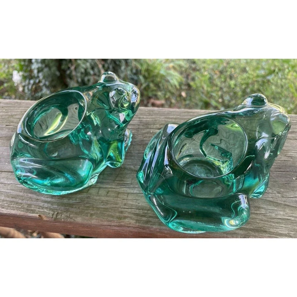 Vintage Green Indiana Glass Frog Votive Candle Holders Paperweight Lot of 2
